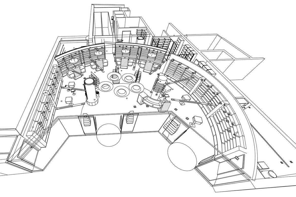 Halbkreisförmig angeordnete Wände bilden den Offizin-Bereich der Apotheke. Strichzeichnung. 3D Darstellung.